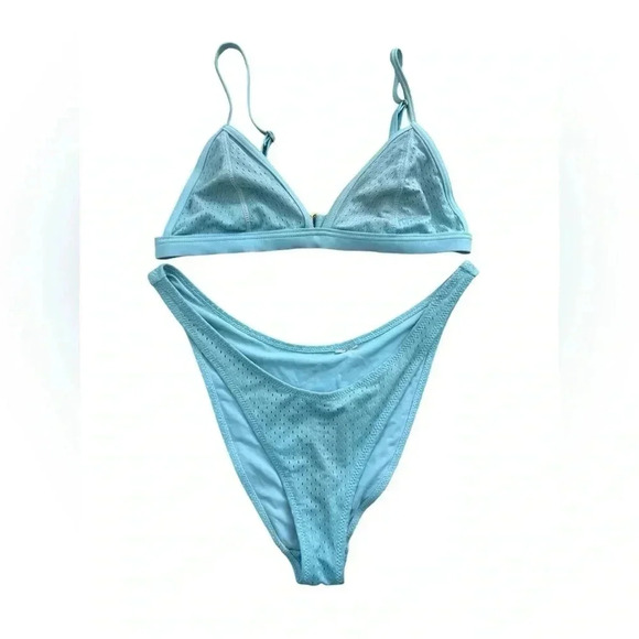 Light Blue Bikini Swim, Triangle Top With Straps And High Hip Cheeky Bottoms - Picture 1 of 9